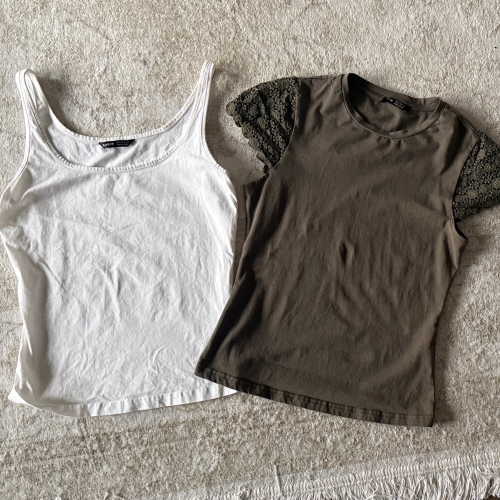 SHEIN White Tank & Olive Lace-Sleeve Tee Set